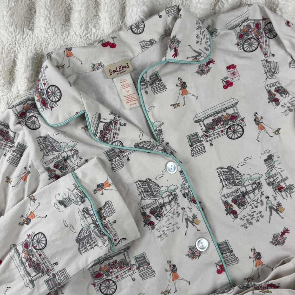 BedHead Pajamas Womens Medium French Market Print Cotton Pajama Set Cream